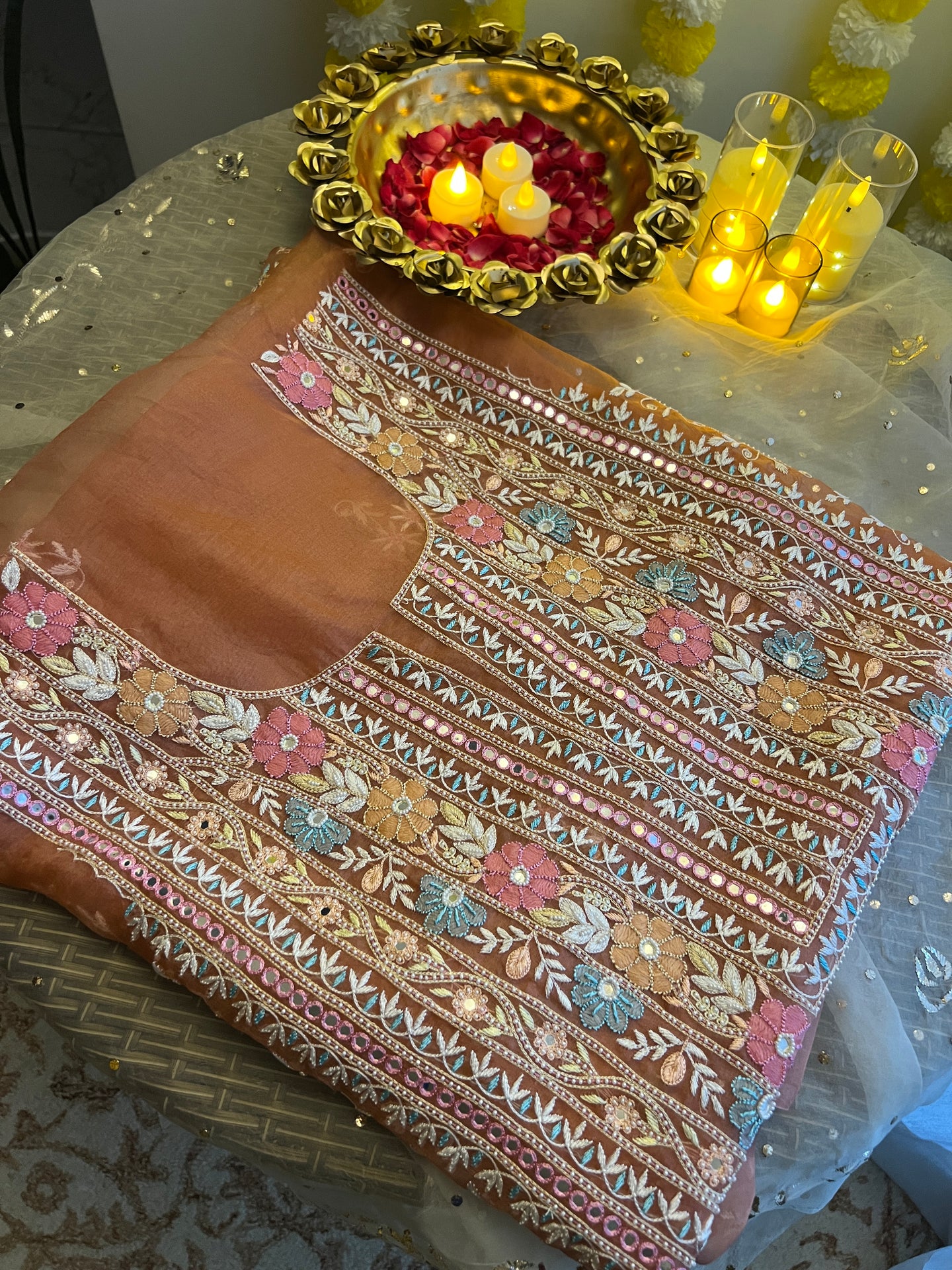 Ruhani Rusty Rose fine Chikankari pure Organza kurta with dupatta